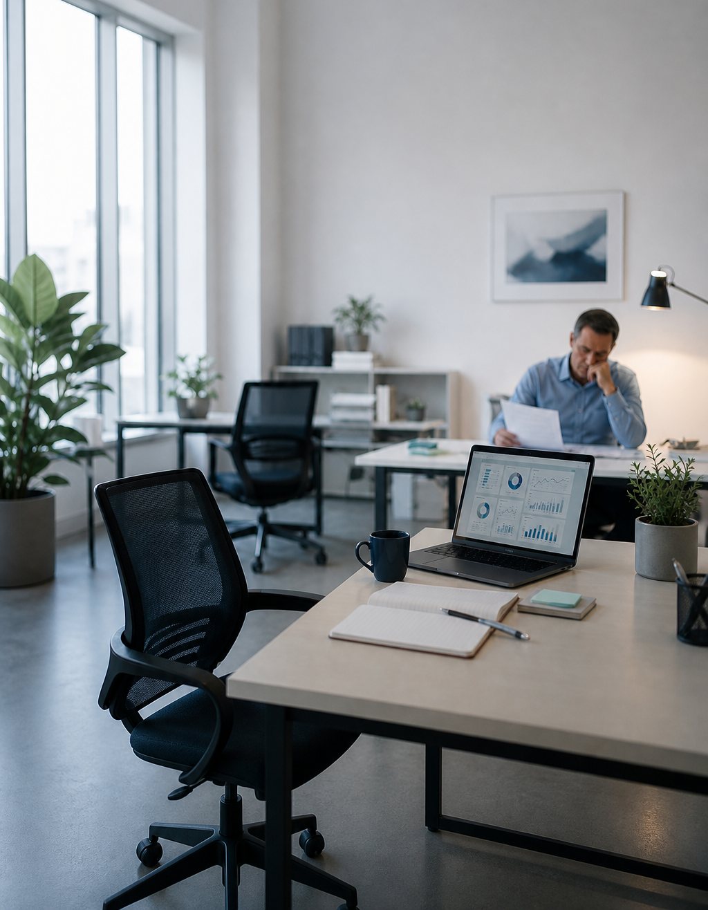 Empty workstation and unread dashboard representing workforce health productivity gaps